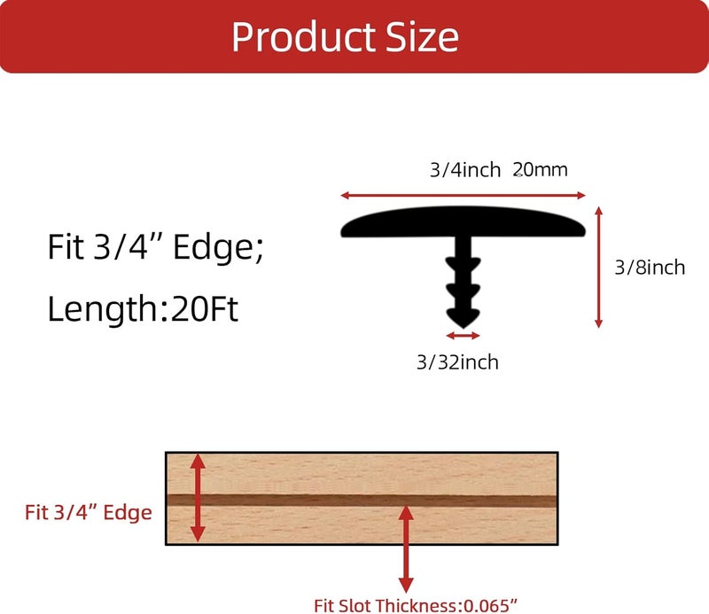 Aroilder T Rubber Trim Molding, Fit 3/4 inch Edge, Shelf Edging Banding, Center Barb Tee Moulding for Tables, Floor Transition Strip, Machines Decorative, Black, 20FT - Image 2